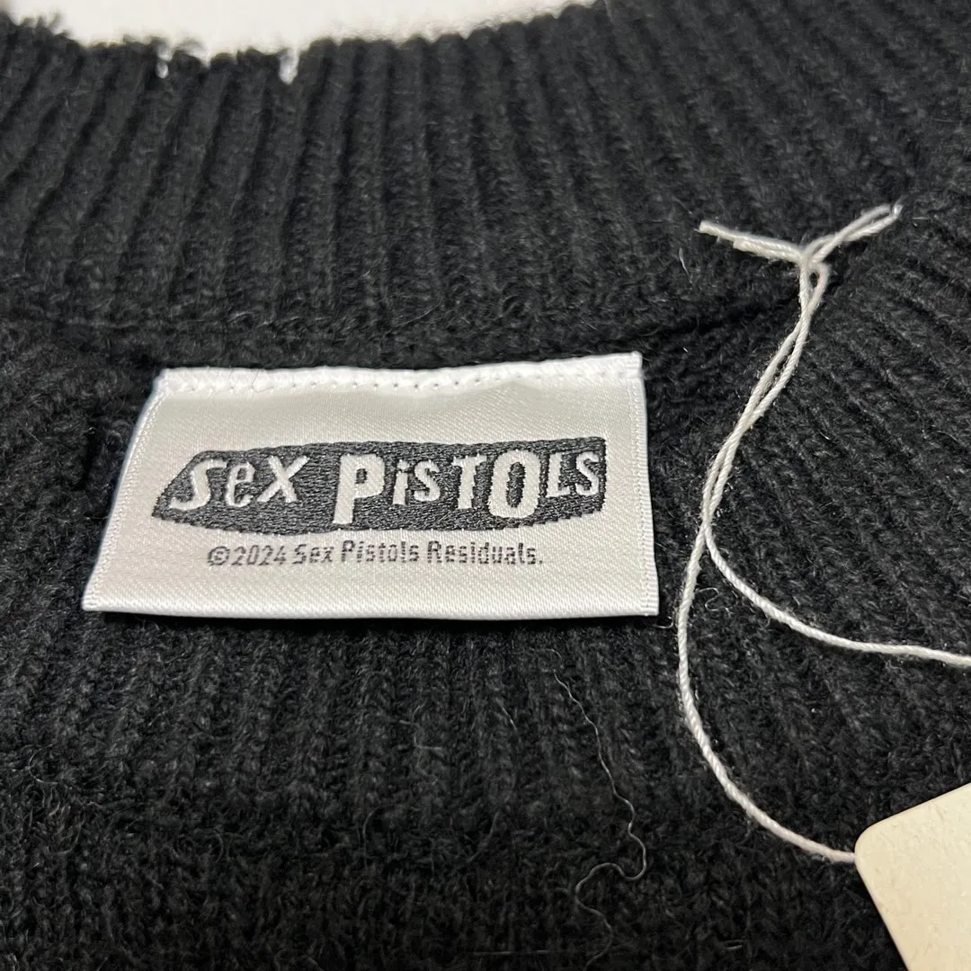 SAINT Mxxxxxx × Sex Pistols SP_CREW KNT/IAMA/BLK SEX PISTOLS band joint model destroyed hand-embroidered sweater, black S-XL, original 85% wool/15% polyester fiber blend, super complex front and rear panels, large-area hand-embroidery, hand-cut destruction treatment, custom-made correct joint main mark/wash mark